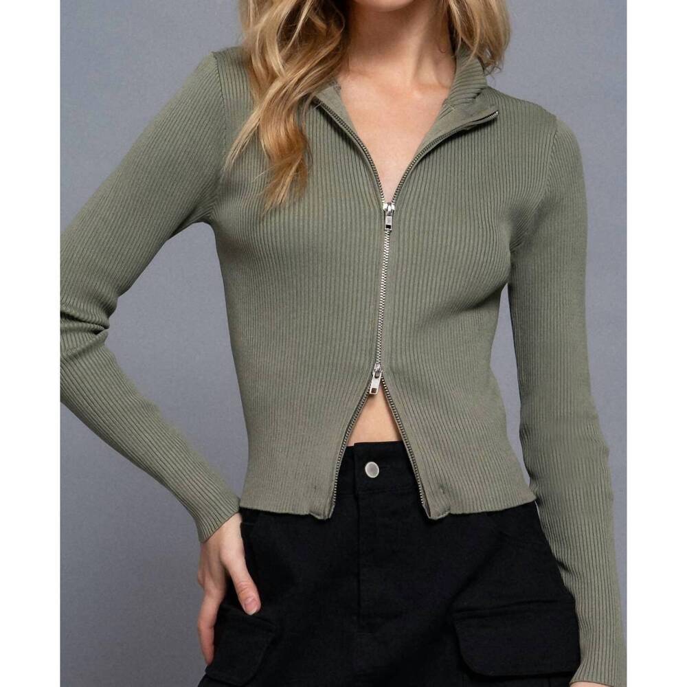 NEW ACTIVE BASIC women's fitted ribbed double zip cropped top in green